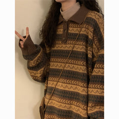 New retro lazy style loose striped pullover sweater