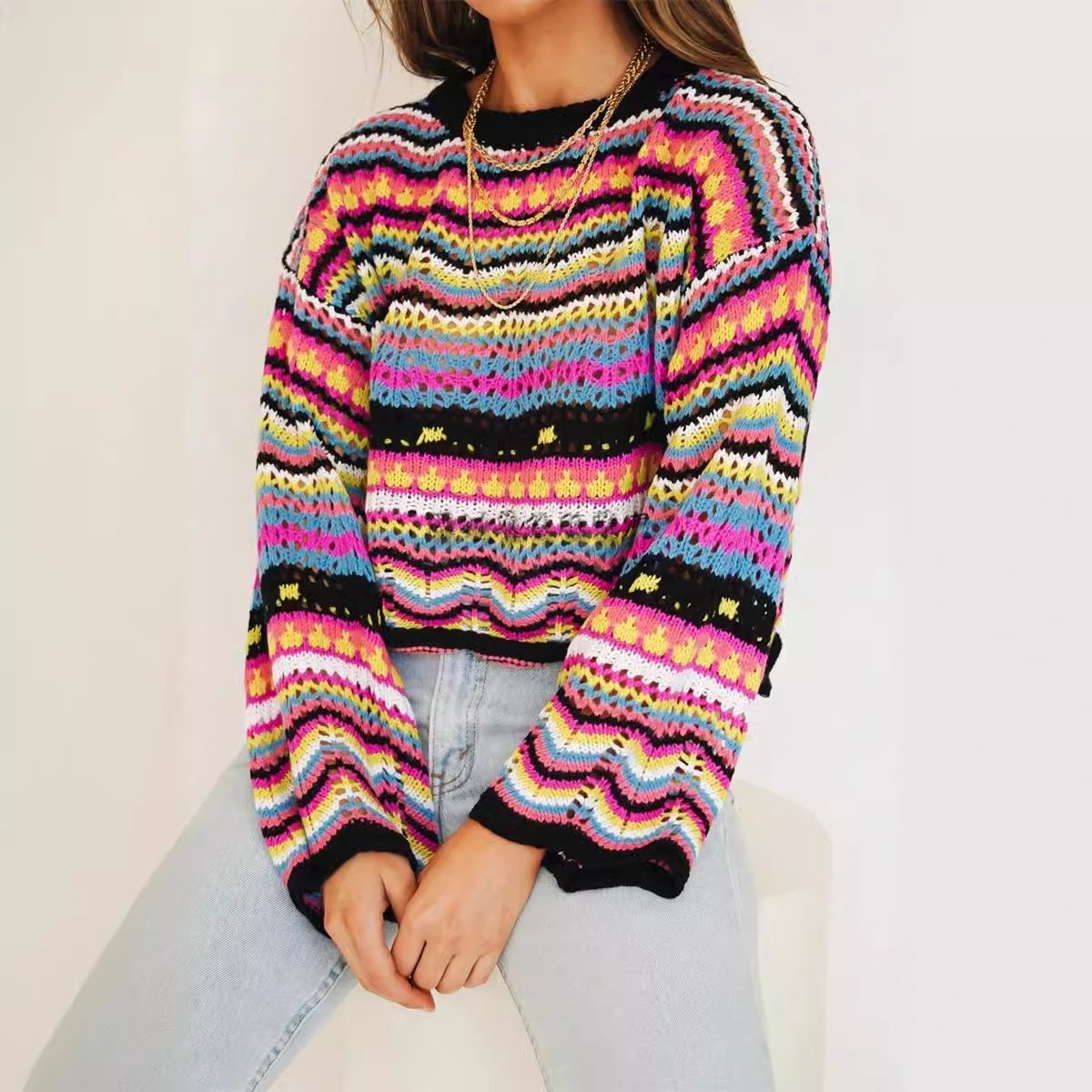 Autumn and winter new splicing knit sweater loose inter-color round neck striped sweater women