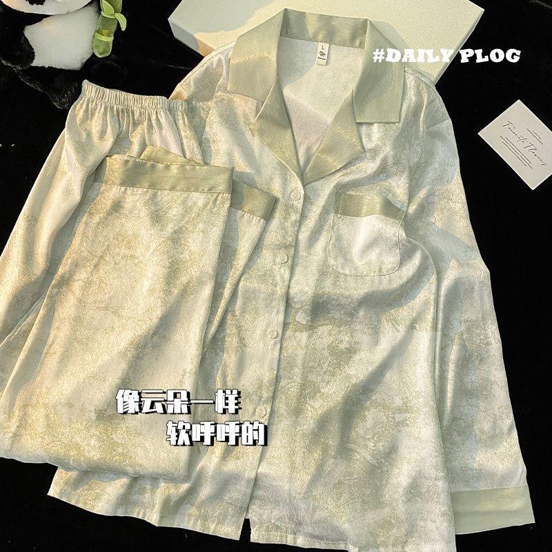 （30% Off Any Two Items）Ice silk pajamas ladies summer long-sleeved new summer air-conditioned room cool feeling spring and autumn home wear suit