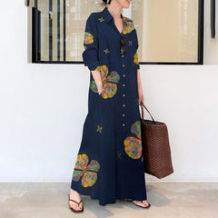 2024 Cotton And Linen Printed Lapel Long Sleeve Slip Pocket Simple Loose Artistic Casual Long Shirt Dress