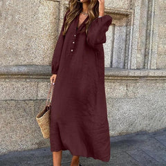 (Any 2 pieces 30% off) New Cotton Linen Solid Colour Long Sleeve V-Neck Button Long Dress