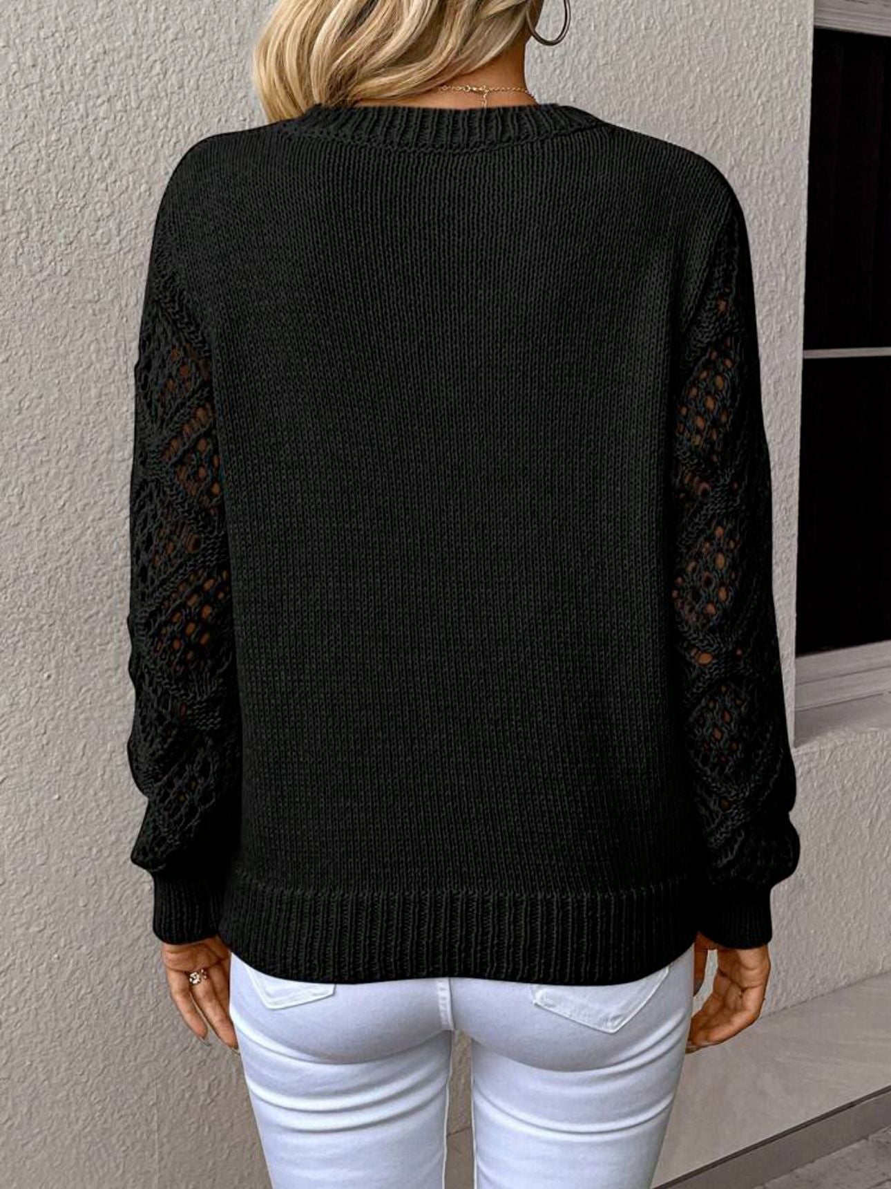 Solid Color V-Neck Mesh Sleeve Knit Pullover Sweater