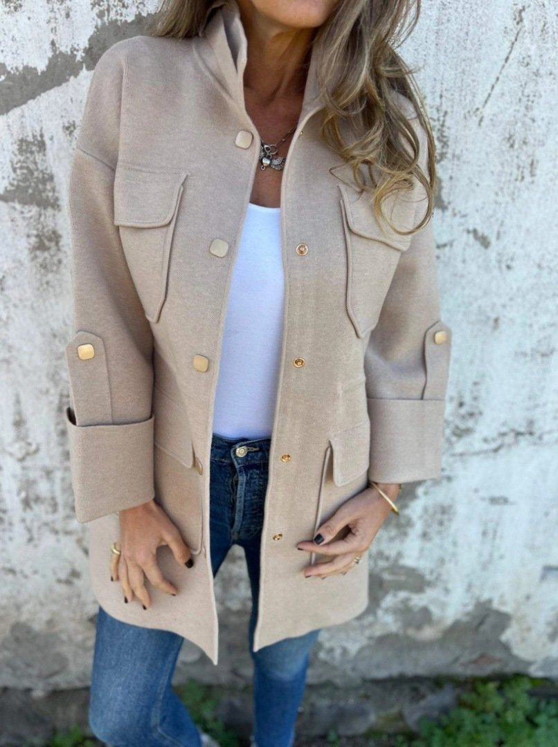 Fall and winter new fashion collar button nine-minute sleeve multi-pocket double-sided tweed women's jacket