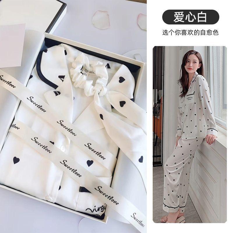 （30% Off Any Two Items）Ice silk pajamas ladies summer long-sleeved new summer air-conditioned room cool feeling spring and autumn home wear suit