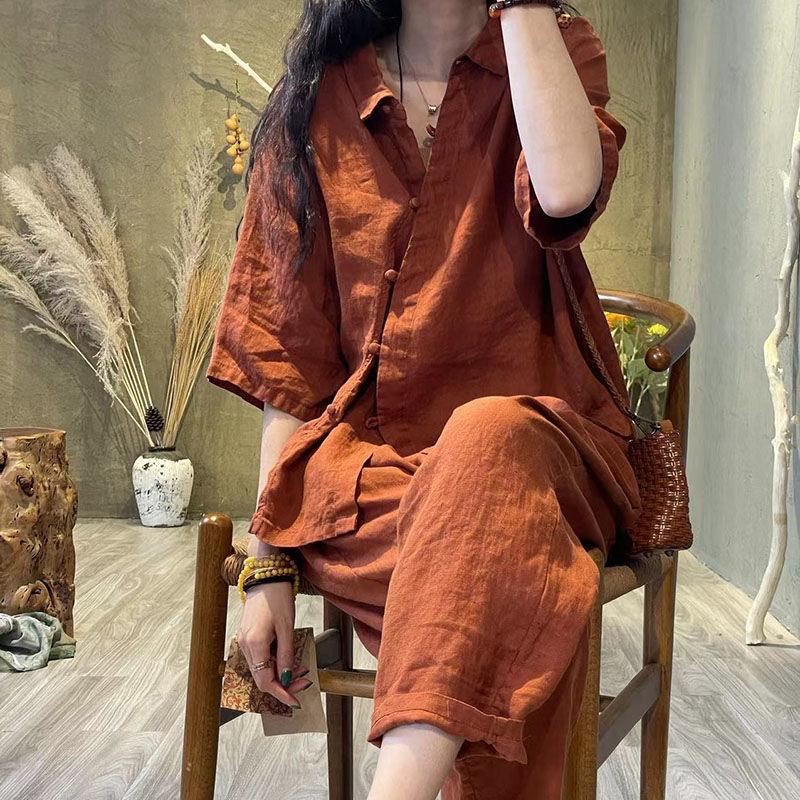 New summer shirt retro literary temperament cotton linen drawstring trousers two-piece set