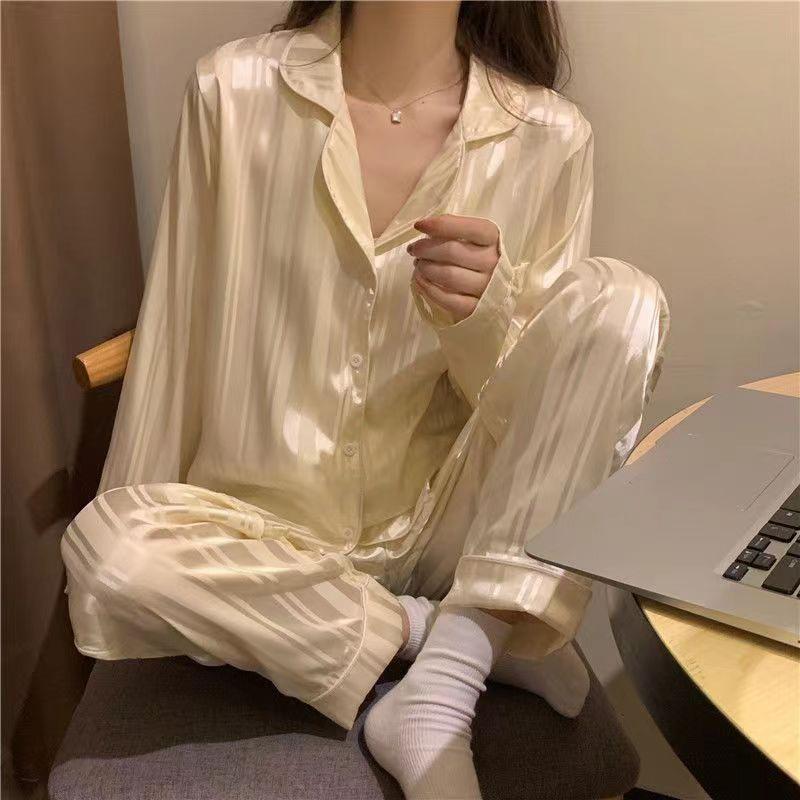 （30% Off Any Two Items）Ice silk pajamas ladies summer long-sleeved new summer air-conditioned room cool feeling spring and autumn home wear suit