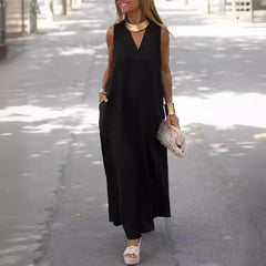 （30% Off Any Two Items）New Deep V-neck Sleeveless Long Solid Color Cotton Linen Dresses Casual