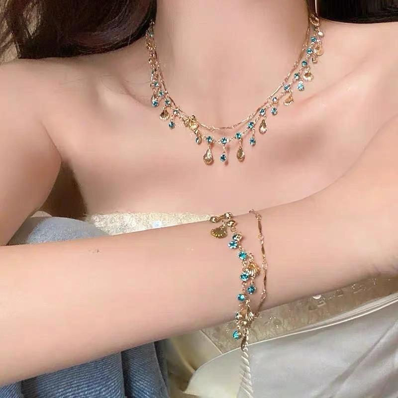 Daughter of the Sea Blue Zircon Gold Shell Necklace Versatile Bracelet Niche Design High-end Light Luxury