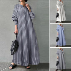 （30% off any two items）New Artistic Style Cotton And Linen Striped Round Neck Long Sleeve Slip Bag Simple Loose Long Pullover Dress