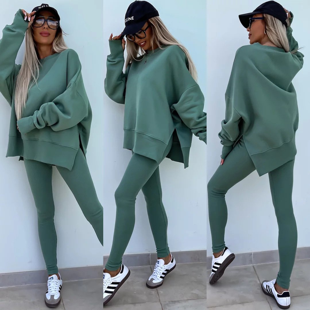 （25% off any two items）New sweatshirt suit casual loose long sleeve round neck slit top tight trousers