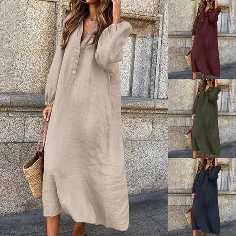 (Any 2 pieces 30% off) New Cotton Linen Solid Colour Long Sleeve V-Neck Button Long Dress