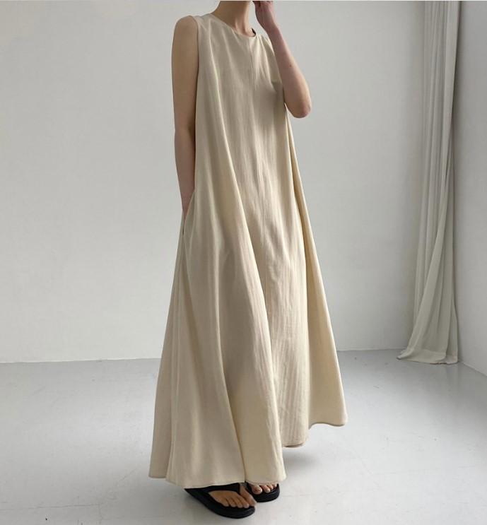 (30% Off Any Two Items) chic style loose hem sleeveless pumpkin long cotton linen dress