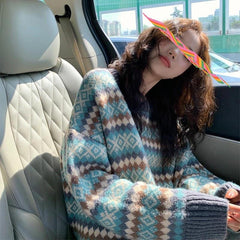 Retro jacquard diamond lattice elastic head knit sweater female students new fall and winter outside wear lazy wind