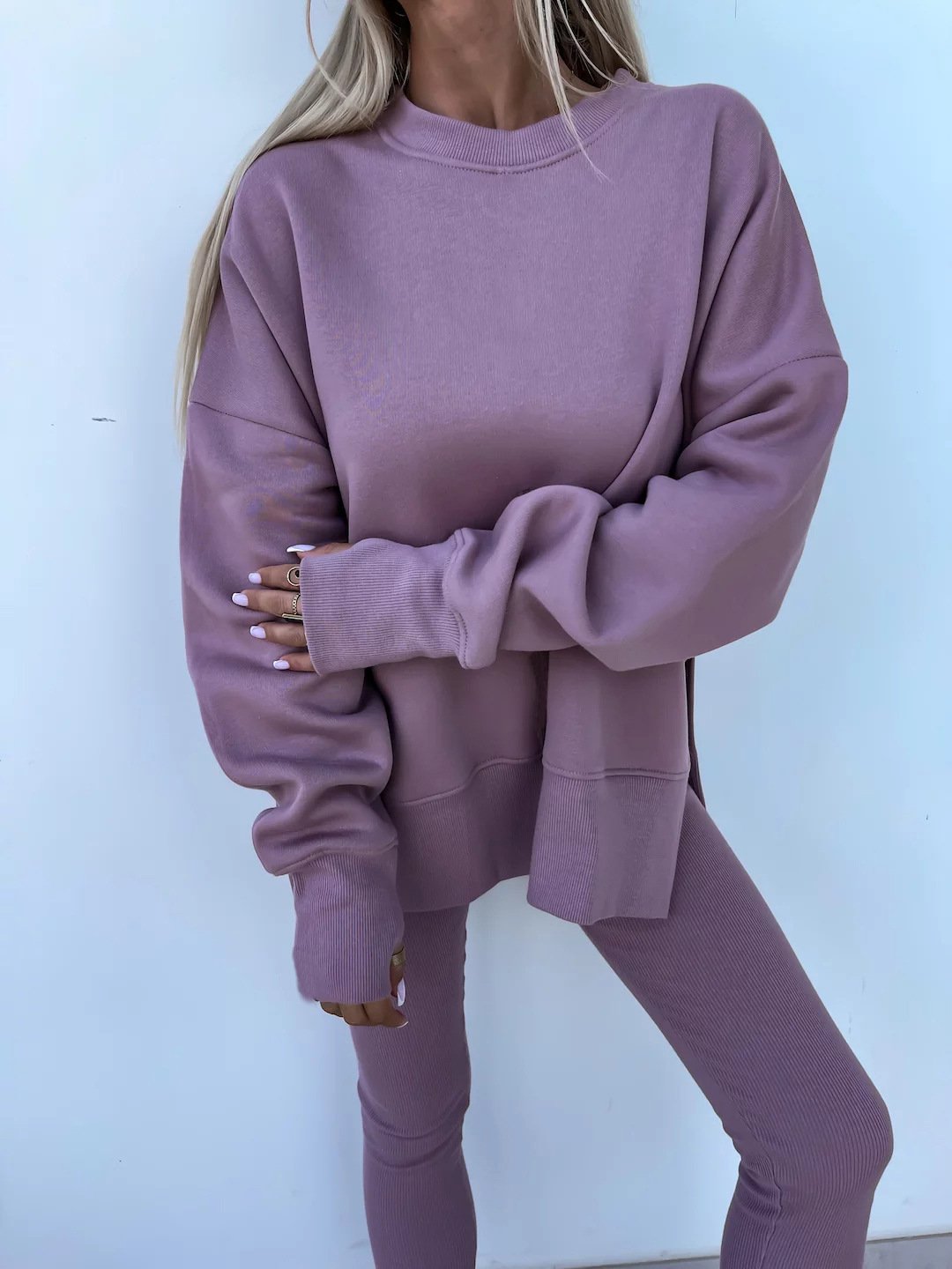 （25% off any two items）New sweatshirt suit casual loose long sleeve round neck slit top tight trousers