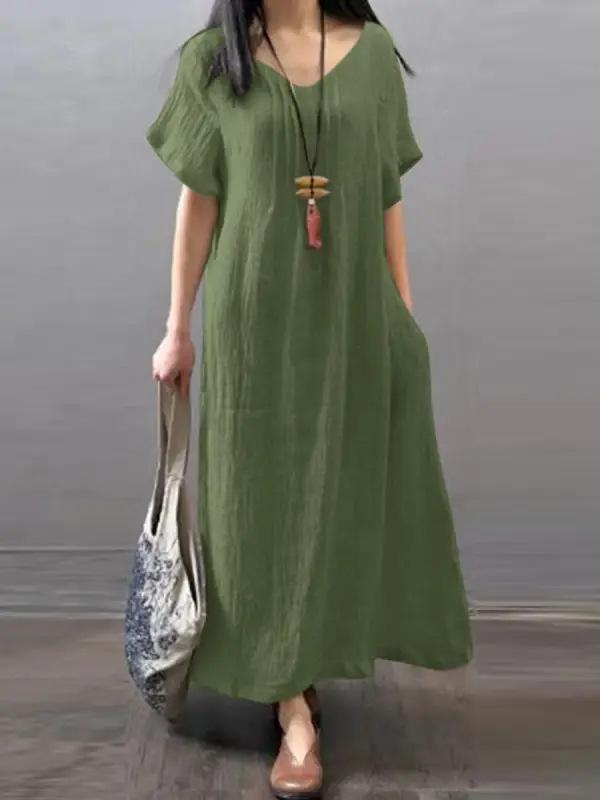 (30% Off Any Two Items) V-neck cotton linen loose casual solid colour pocket dress