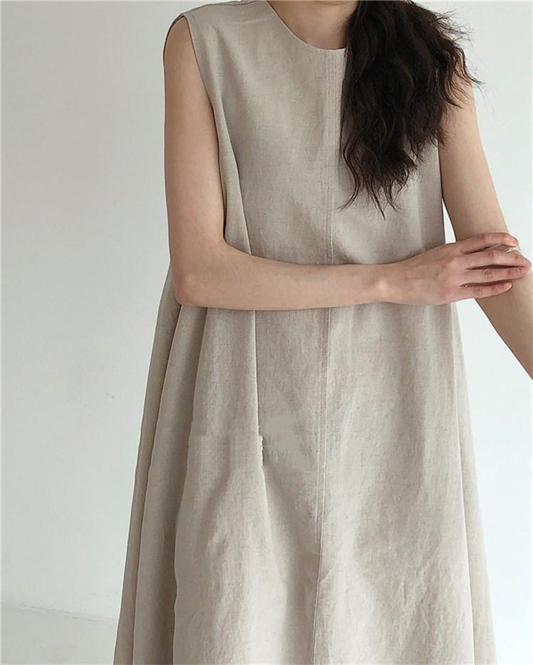 (30% Off Any Two Items) chic style loose hem sleeveless pumpkin long cotton linen dress