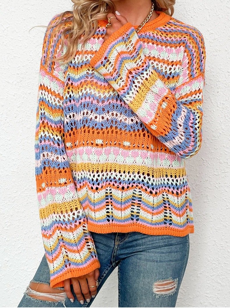 Autumn and winter new splicing knit sweater loose inter-color round neck striped sweater women