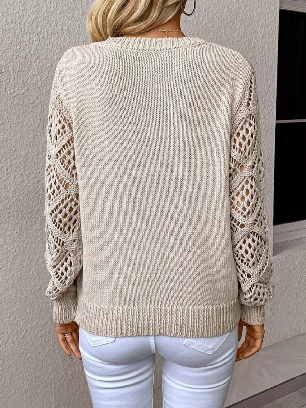 （25% Off Any Two Items）Solid Color V-Neck Mesh Sleeve Knit Pullover Sweater