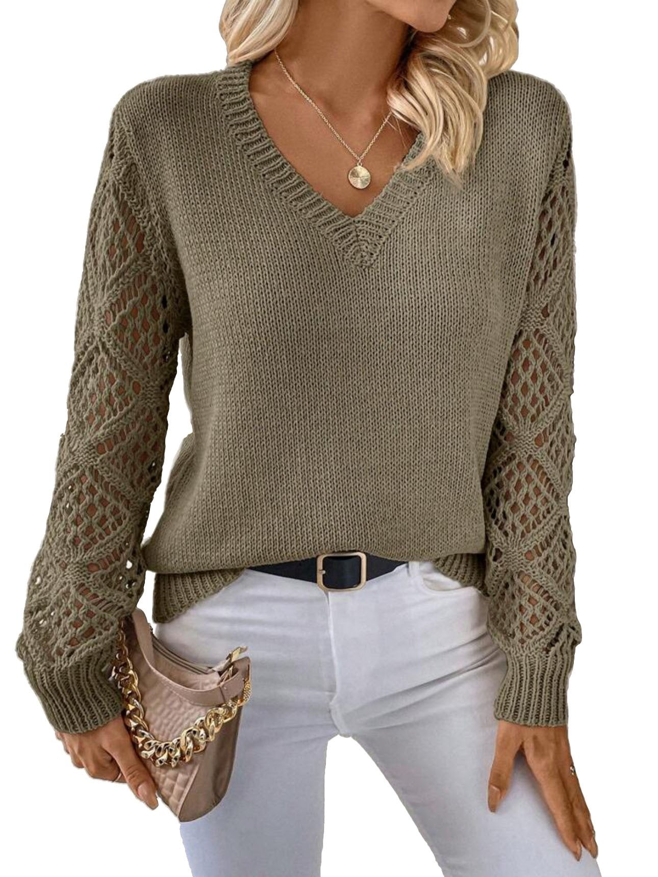 （25% Off Any Two Items）Solid Color V-Neck Mesh Sleeve Knit Pullover Sweater