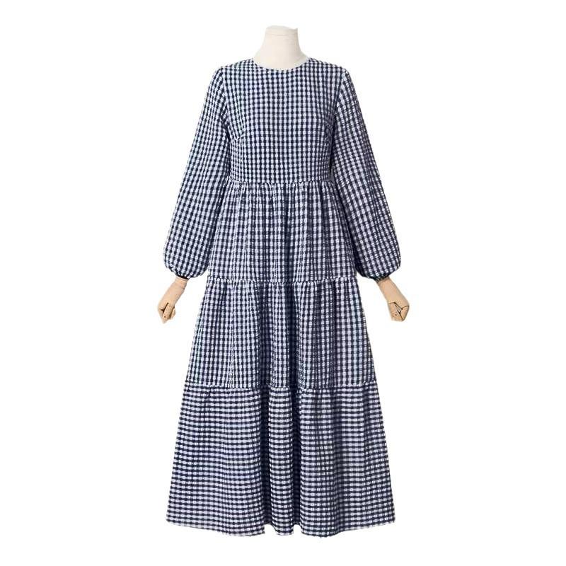 （30% Off Any Two Items）New Plaid Long Sleeve Round Neck Loose Waist Casual Dresses