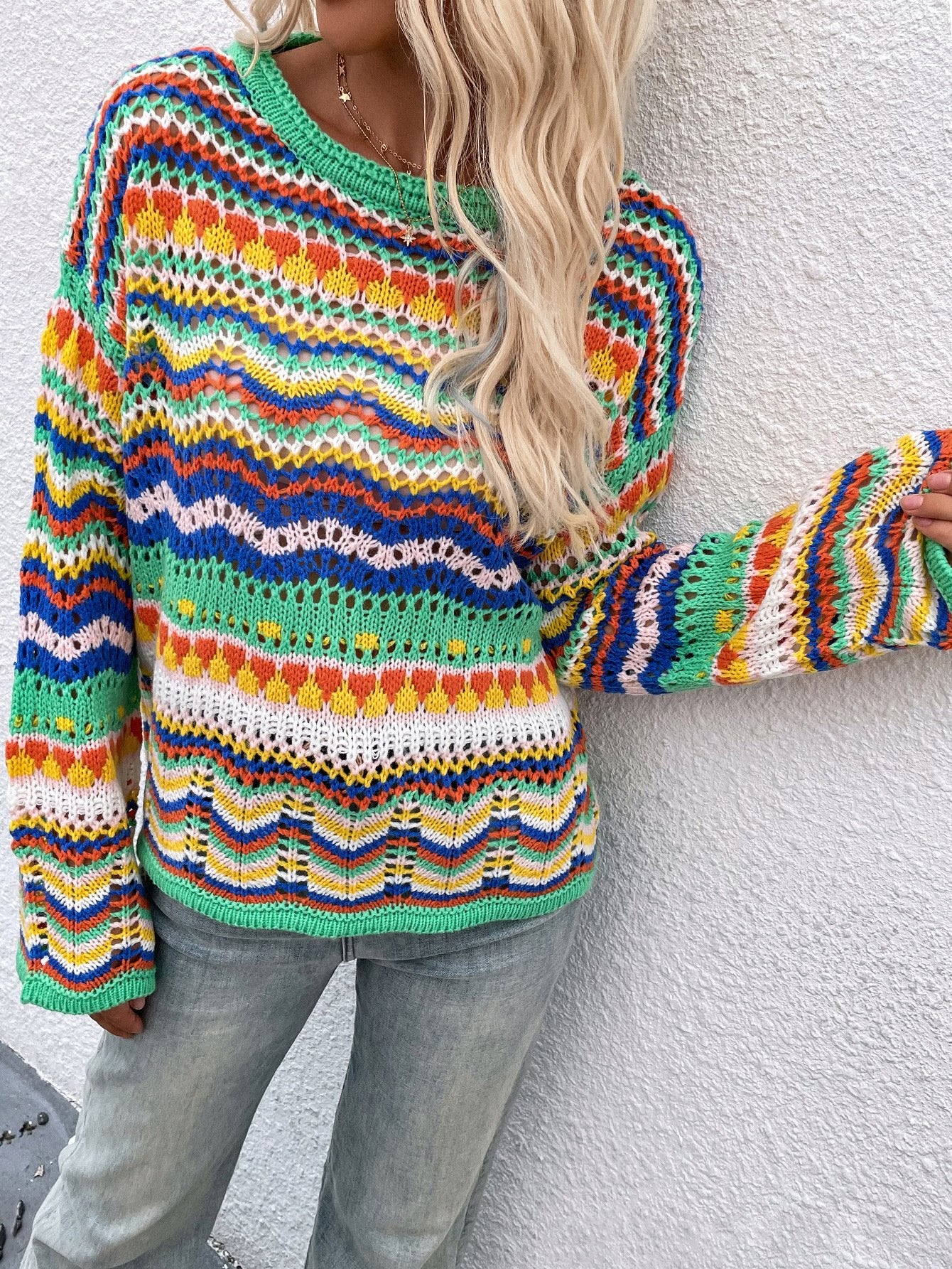 Autumn and winter new splicing knit sweater loose inter-color round neck striped sweater women