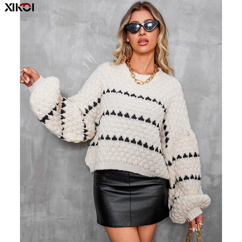 Striped round neck pullover thick needle sweater women loose lazy wind new long-sleeved knitted sweater tops