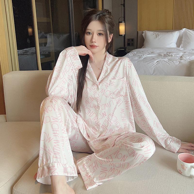 （30% Off Any Two Items）Ice silk pajamas ladies summer long-sleeved new summer air-conditioned room cool feeling spring and autumn home wear suit