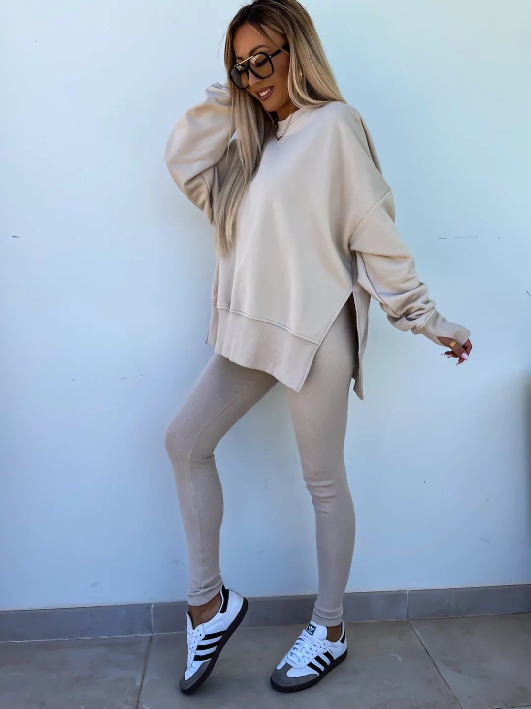 （25% off any two items）New sweatshirt suit casual loose long sleeve round neck slit top tight trousers