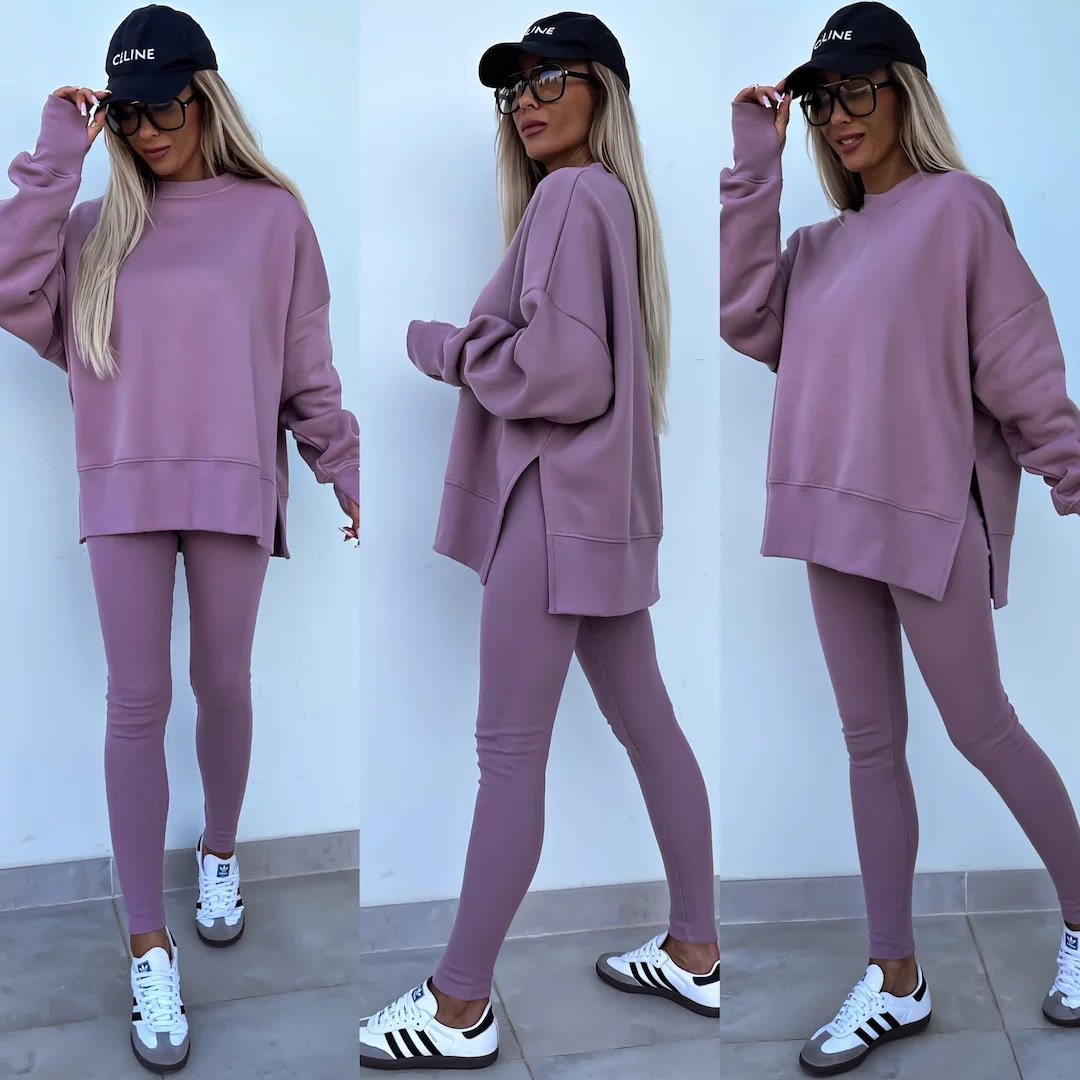 （25% off any two items）New sweatshirt suit casual loose long sleeve round neck slit top tight trousers