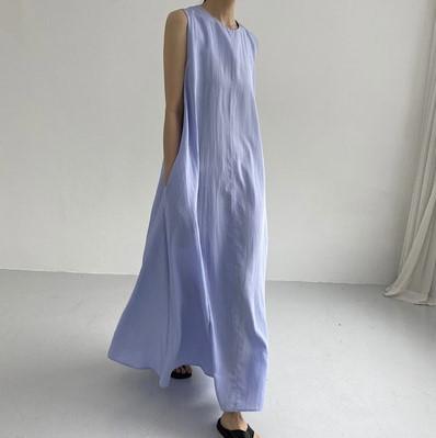 (30% Off Any Two Items) chic style loose hem sleeveless pumpkin long cotton linen dress