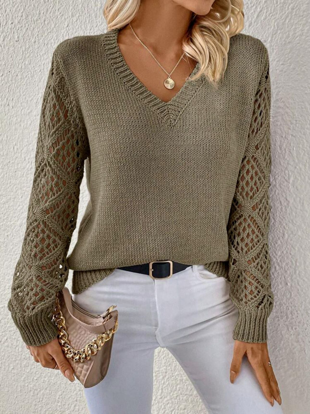 （25% Off Any Two Items）Solid Color V-Neck Mesh Sleeve Knit Pullover Sweater