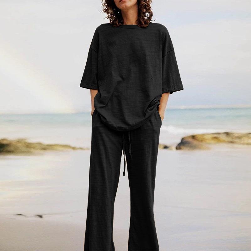 (🔥30% off any two items)Fashion Women's 2-Piece Set 2024 Summer Casual Belt Pocket Suit Half Sleeve O-Neck Top And Wide Leg Pants Suit