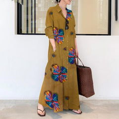 2024 Cotton And Linen Printed Lapel Long Sleeve Slip Pocket Simple Loose Artistic Casual Long Shirt Dress