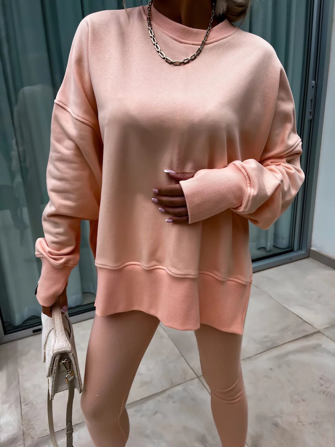 （25% off any two items）New sweatshirt suit casual loose long sleeve round neck slit top tight trousers