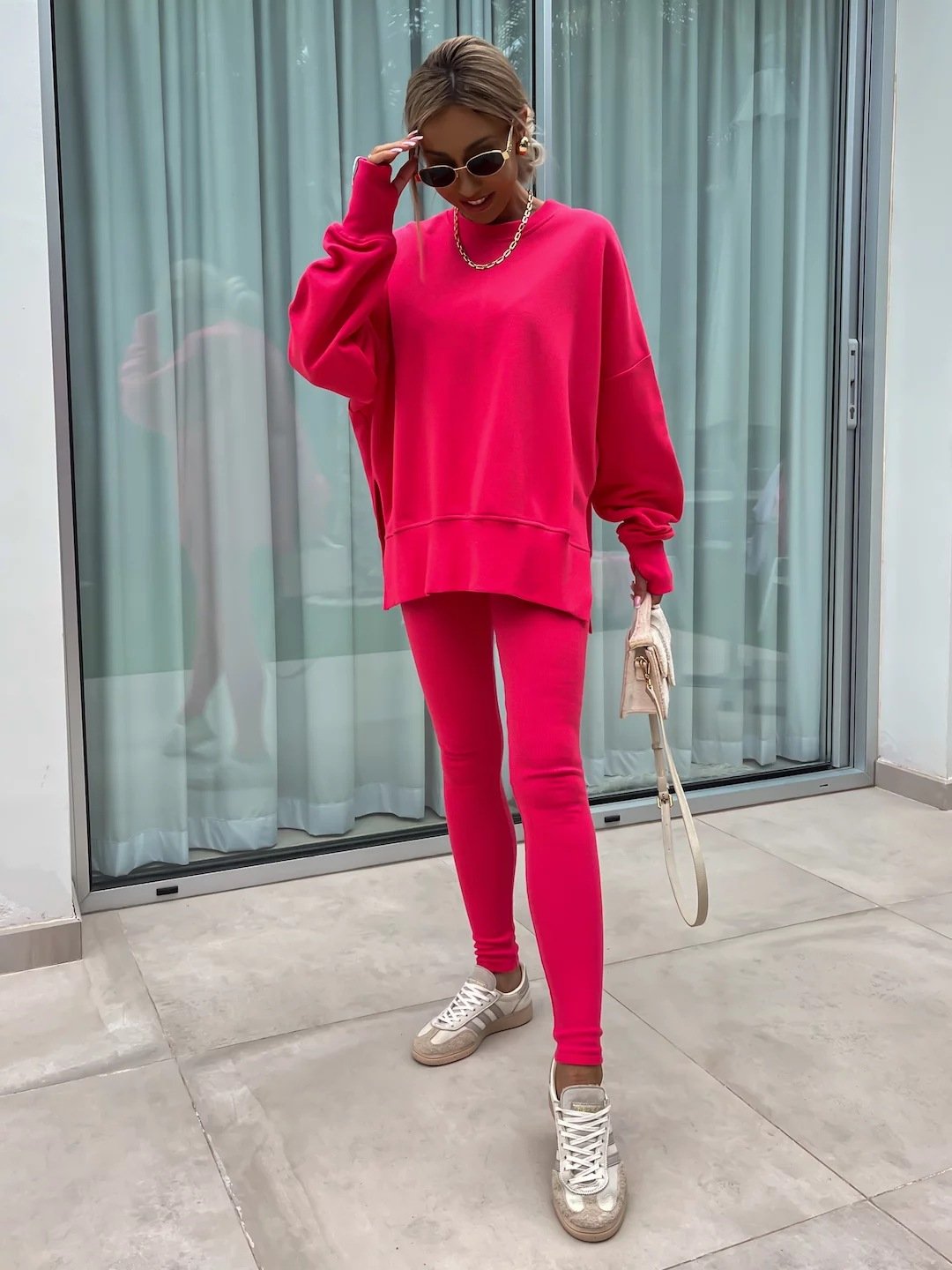 （25% off any two items）New sweatshirt suit casual loose long sleeve round neck slit top tight trousers