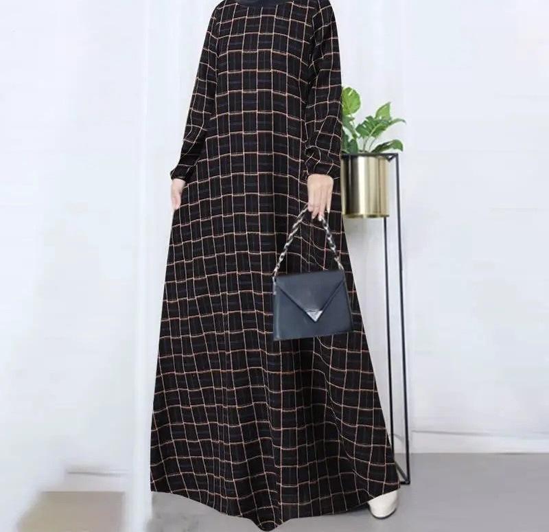 （30% Off Any Two Items）New casual women's cotton and linen retro long-sleeved plaid round-neck dresses