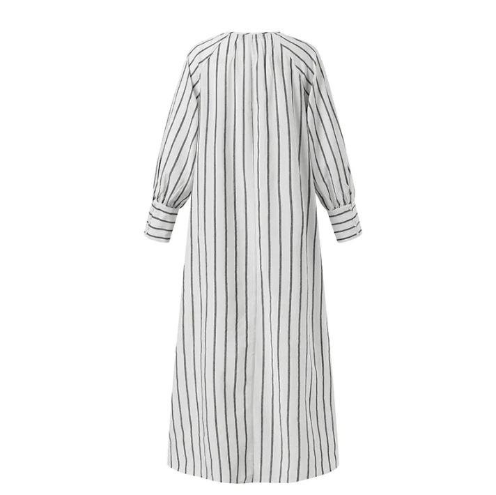 （30% off any two items）New Artistic Style Cotton And Linen Striped Round Neck Long Sleeve Slip Bag Simple Loose Long Pullover Dress