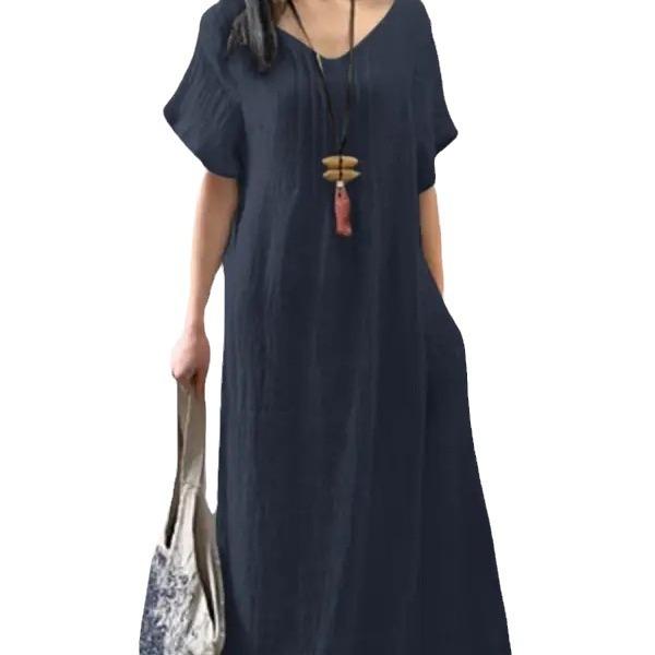 (30% Off Any Two Items) V-neck cotton linen loose casual solid colour pocket dress