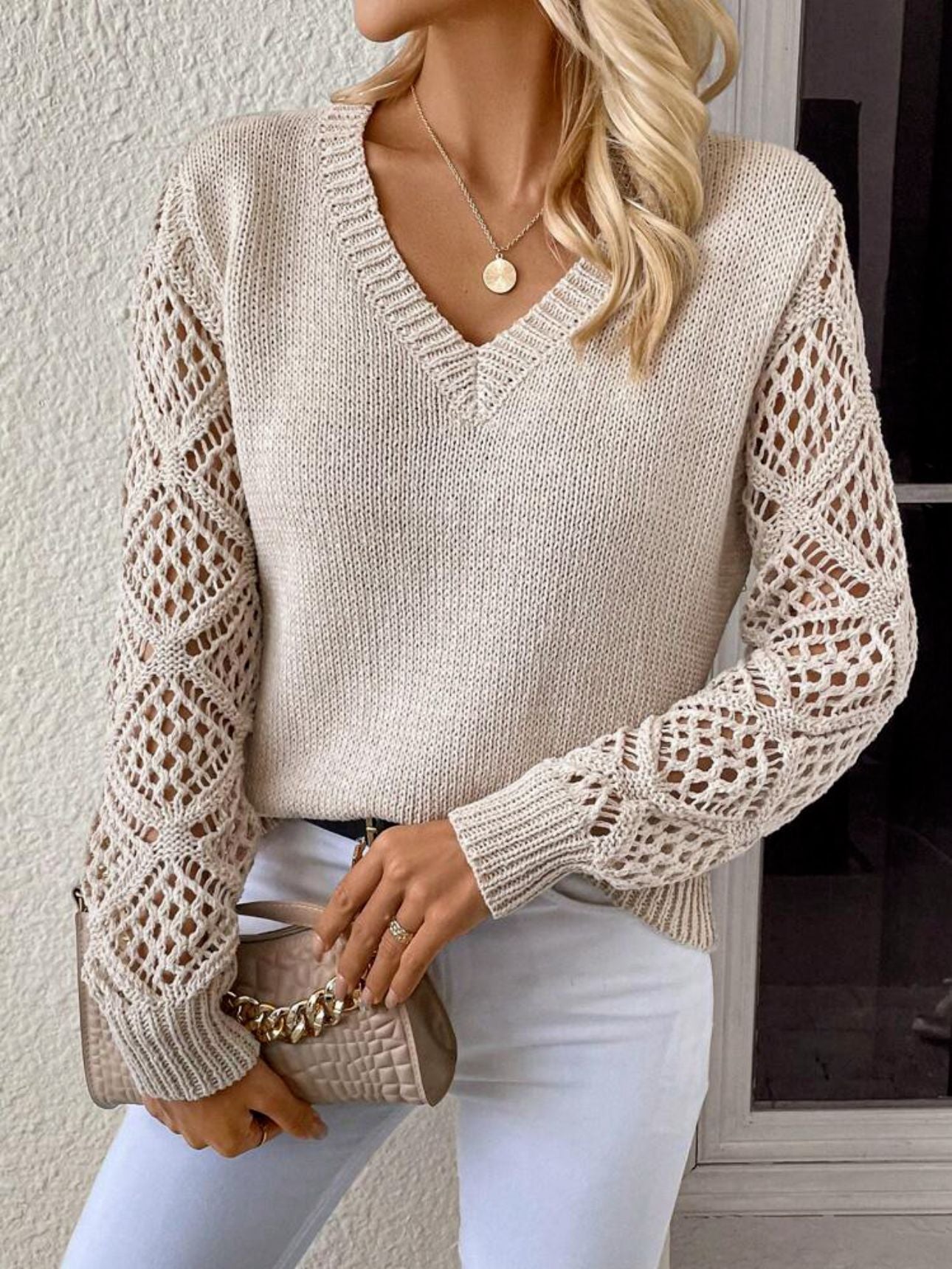 （25% Off Any Two Items）Solid Color V-Neck Mesh Sleeve Knit Pullover Sweater