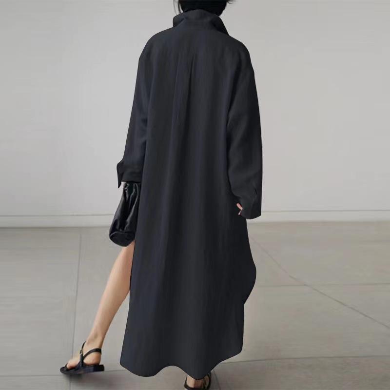 （30% Off Any Two Items）New Solid Color Long Sleeve Cardigan Casual Loose Irregular Split Cotton Linen Long Dresses