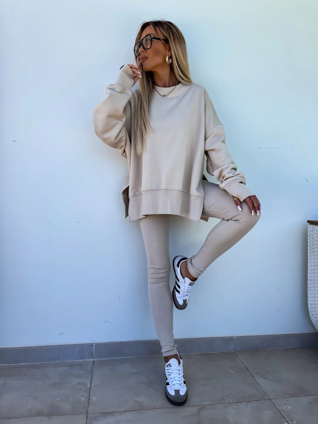 （25% off any two items）New sweatshirt suit casual loose long sleeve round neck slit top tight trousers