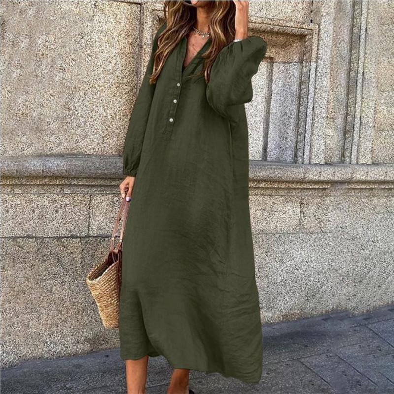 (Any 2 pieces 30% off) New Cotton Linen Solid Colour Long Sleeve V-Neck Button Long Dress