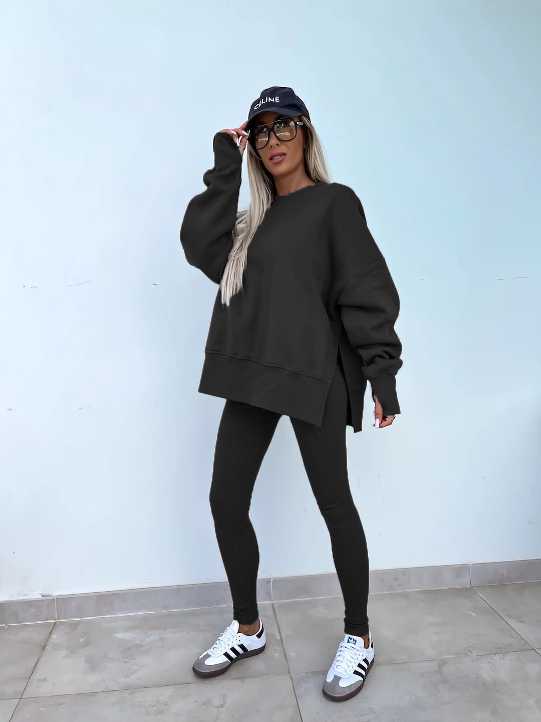 （25% off any two items）New sweatshirt suit casual loose long sleeve round neck slit top tight trousers