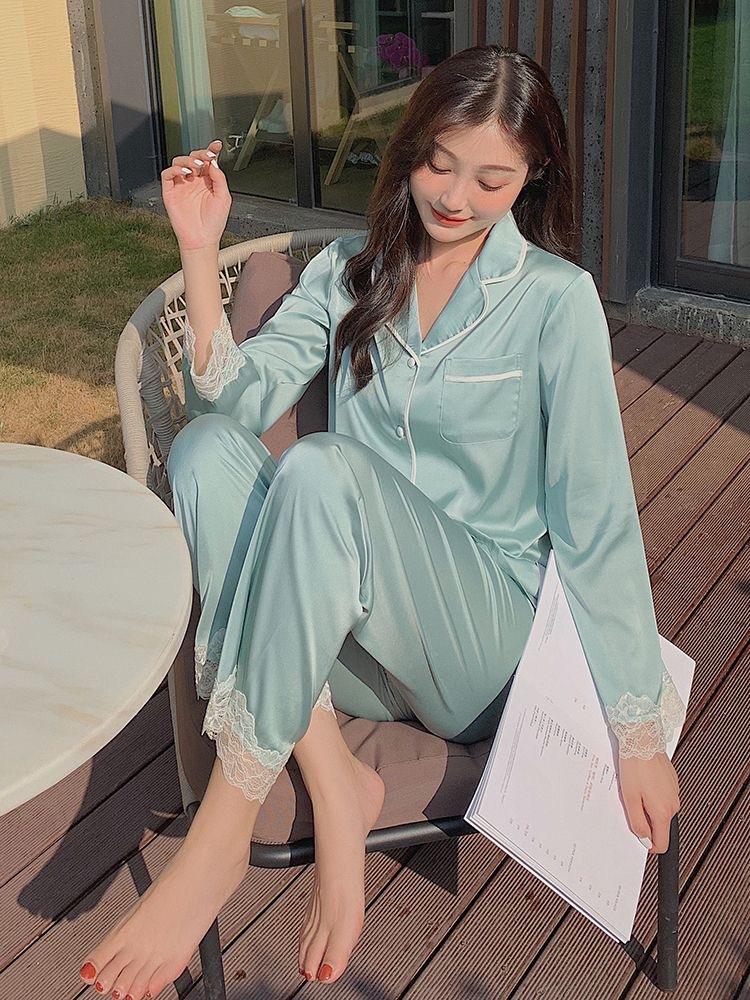 （30% Off Any Two Items）Ice silk pajamas ladies summer long-sleeved new summer air-conditioned room cool feeling spring and autumn home wear suit