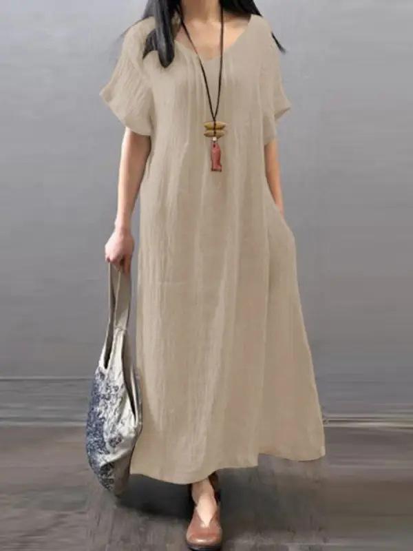 (30% Off Any Two Items) V-neck cotton linen loose casual solid colour pocket dress