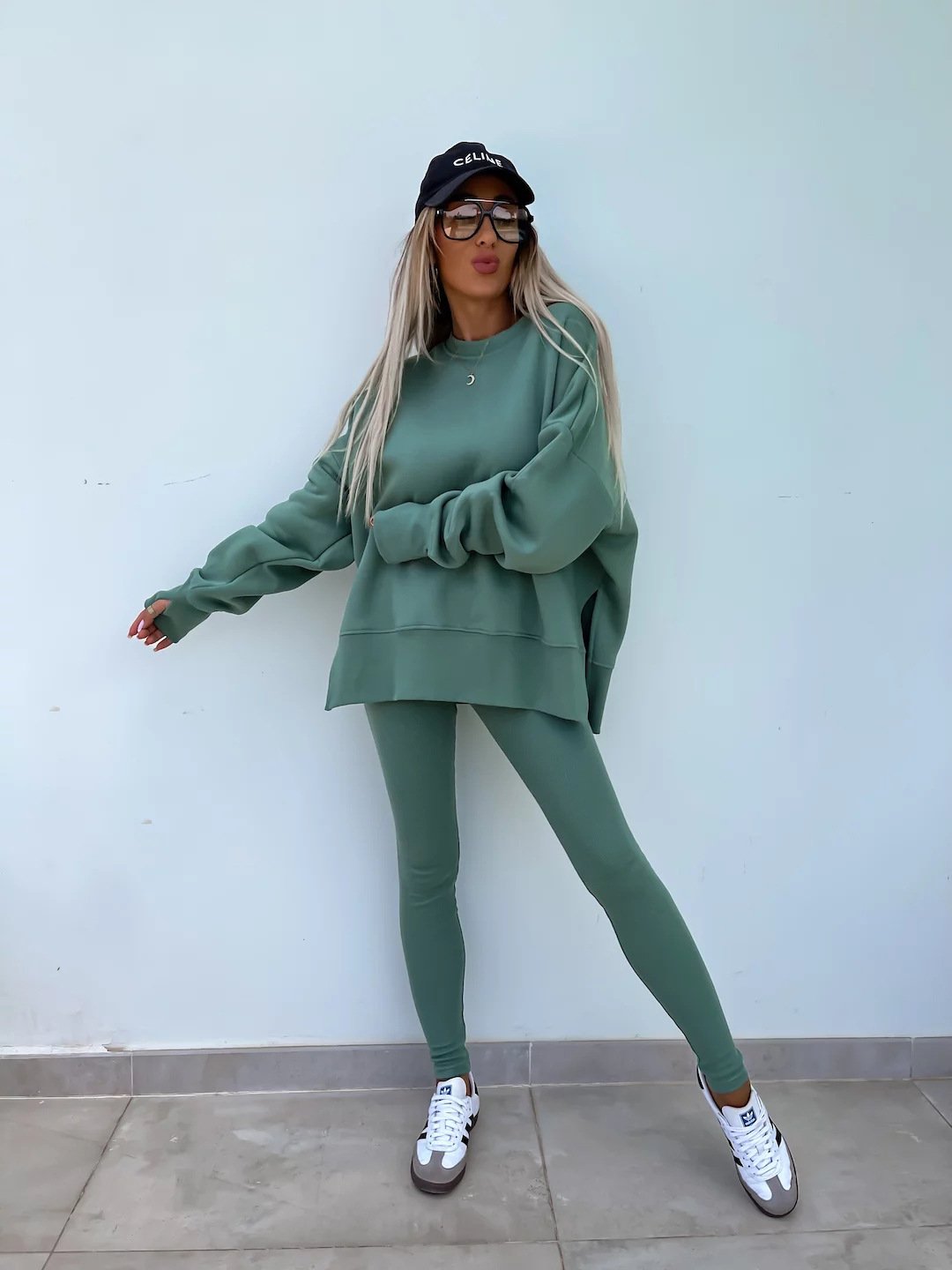 （25% off any two items）New sweatshirt suit casual loose long sleeve round neck slit top tight trousers