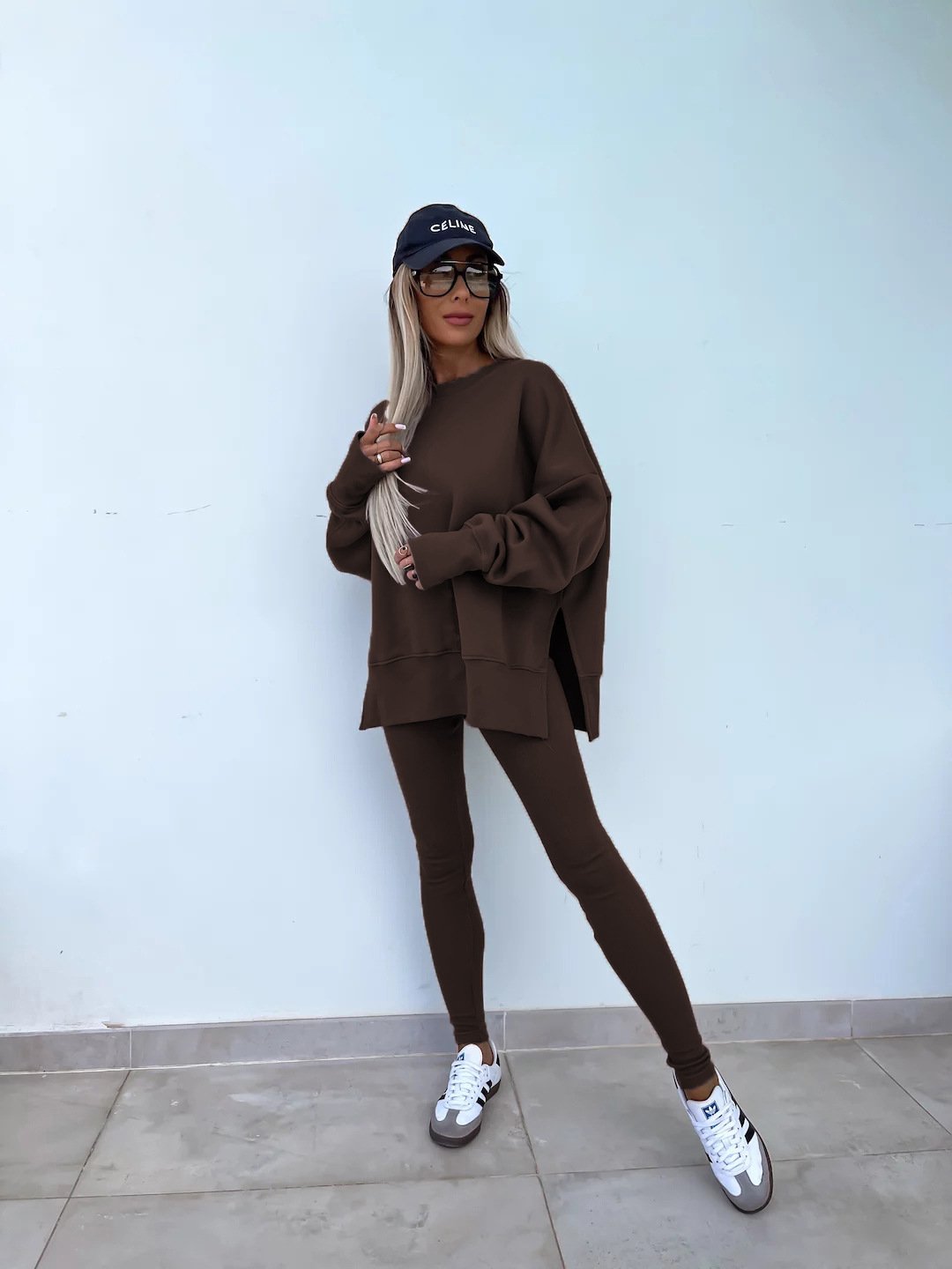 （25% off any two items）New sweatshirt suit casual loose long sleeve round neck slit top tight trousers