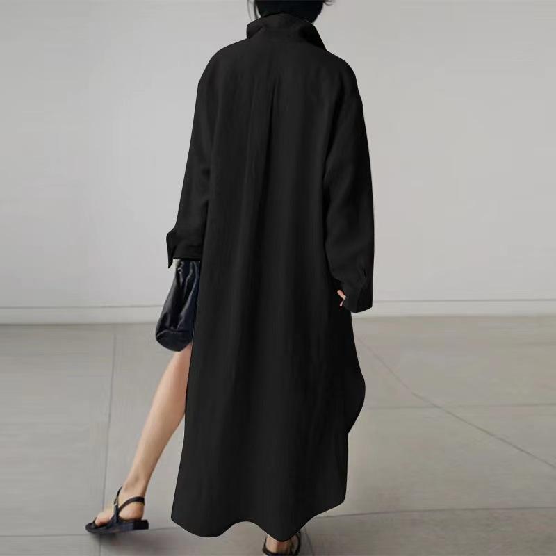 （30% Off Any Two Items）New Solid Color Long Sleeve Cardigan Casual Loose Irregular Split Cotton Linen Long Dresses