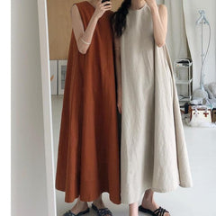 (30% Off Any Two Items) chic style loose hem sleeveless pumpkin long cotton linen dress