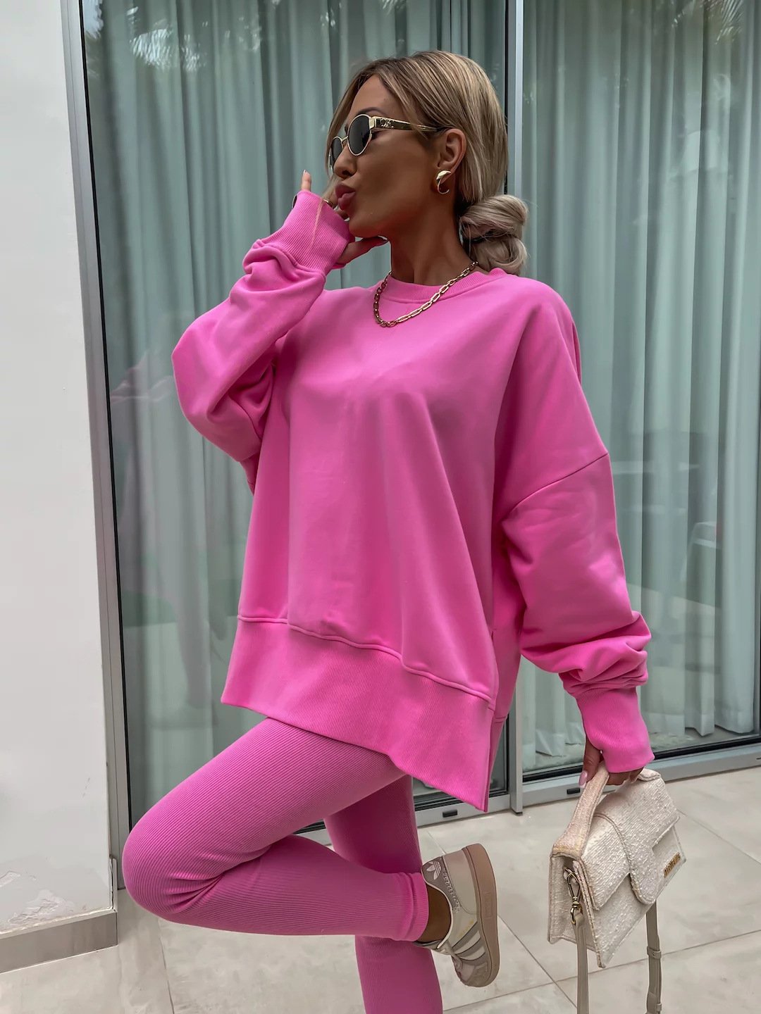 （25% off any two items）New sweatshirt suit casual loose long sleeve round neck slit top tight trousers